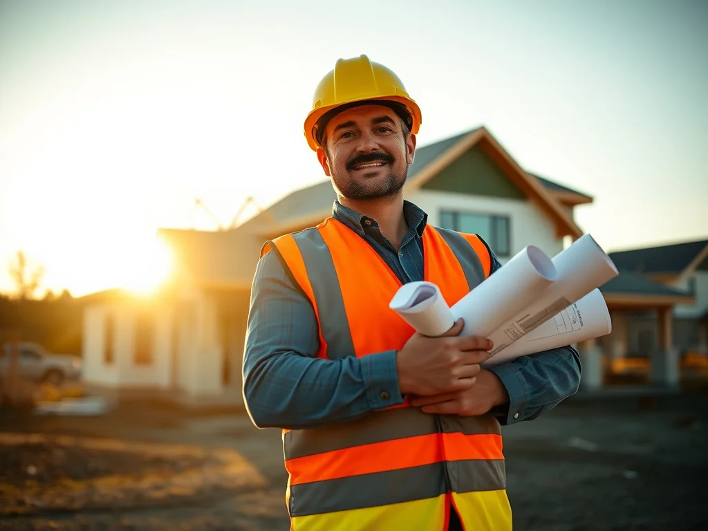 General contractor on a job site holding blueprints at golden hour